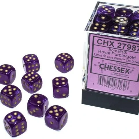 Комплект D6 зарове: Chessex Luminary Glow Royal Purple & Gold 36 броя 12mm (светещи),Хоби продукти / Зарове за игри