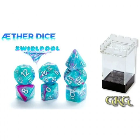 Polyhedral 7-Die Set: GKG Aether Dice - Swirlpool (Aqua, Teal, White, Swirl of reflective Magenta),RPG (D&D и др.) / D&D Зарове